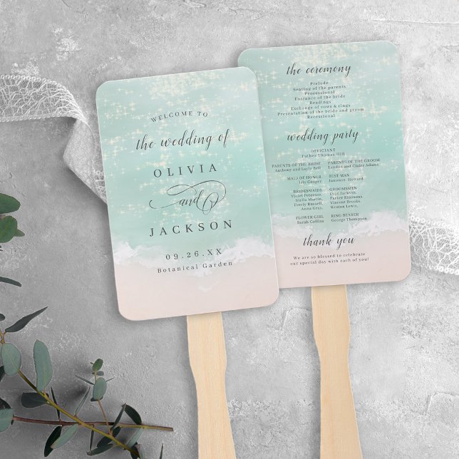 Hochzeitsfeiern am Meer Fächer (Elegant sparkling ocean beach wedding programs hand fan)