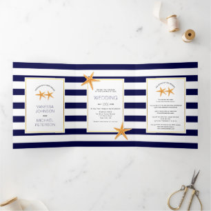 Hochzeitsfeiern am Strand mit weißem und marinebla Dreifach Gefaltete Einladung