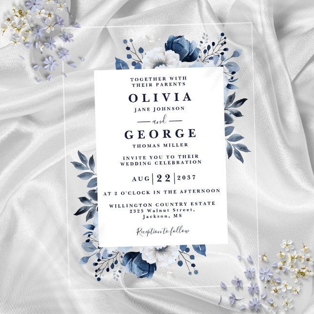 Hochzeitsfeiern in Blau und Weiß Acryleinladungen (Navy Blue And White Elegant Modern Floral Wedding Acrylic Invitations)