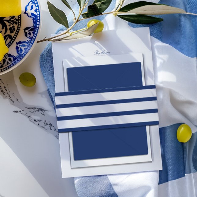Hochzeitsfeiern in Blau und Weiß Einladungsbanderole (Blue & White Italian Coast Style Wedding Invitation Belly Band)