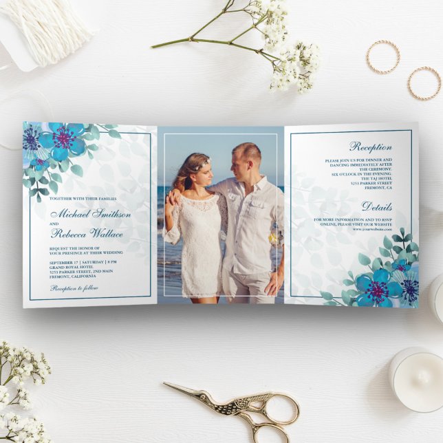 Hochzeitsfeiern mit blauem Foto Dreifach Gefaltete Einladung (Von Creator hochgeladen)