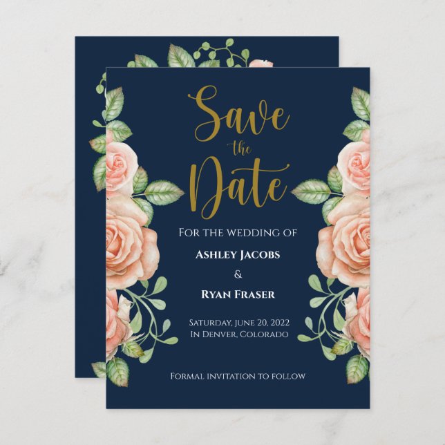 Hochzeitsfeiern mit blauem Gold-Blush Save The Date (Vorne/Hinten)