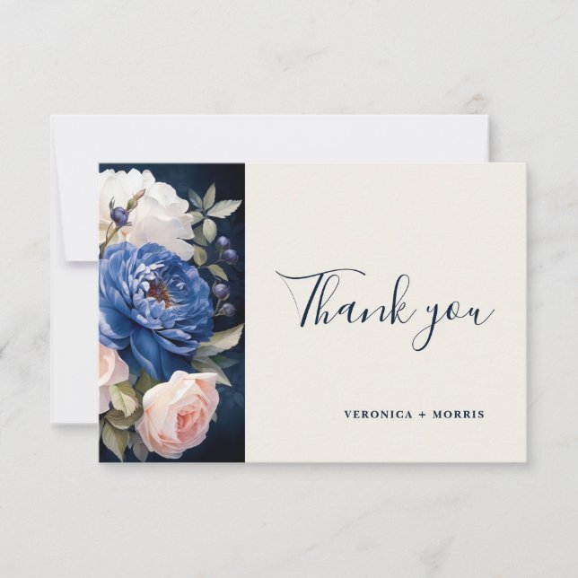 Hochzeitsfeiern mit blauem und düsterblütigem Rosa Dankeskarte (Vorderseite)