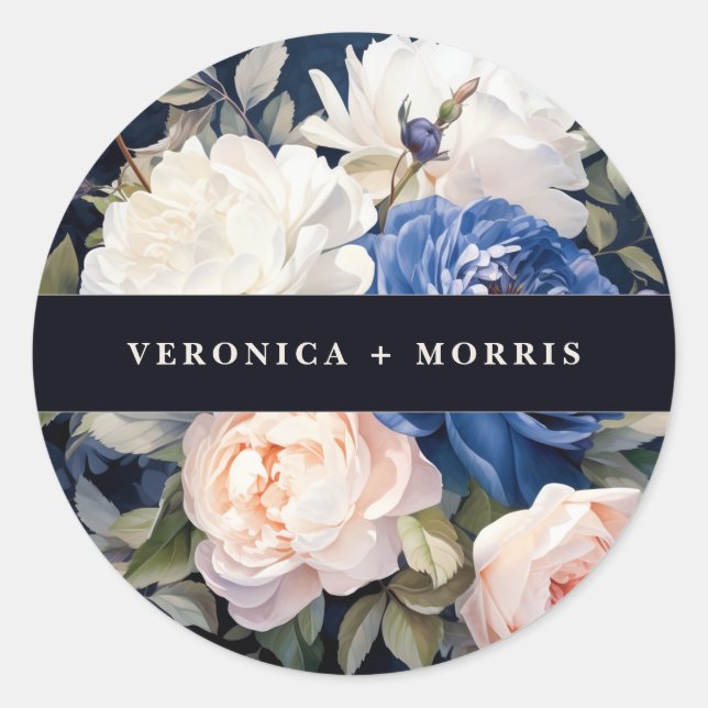 Hochzeitsfeiern mit blauem und düsterblütigem Rosa Runder Aufkleber (Vorderseite)