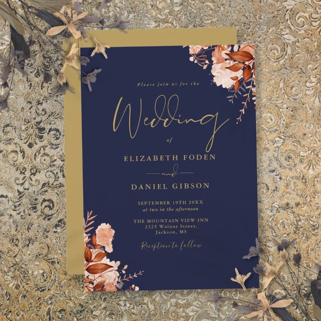 Hochzeitsfeiern mit blauen und goldenen Blumen Einladung (Navy Blue And Gold Rustic Floral Wedding Invitation)