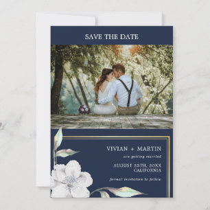 Hochzeitsfeiern mit blauen und goldfarbenen Rahmen Save The Date
