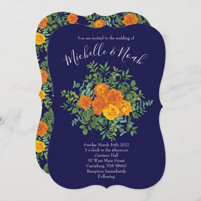 Hochzeitsfeiern mit Blauer Rose und Orangen Einladung (Vorne/Hinten)