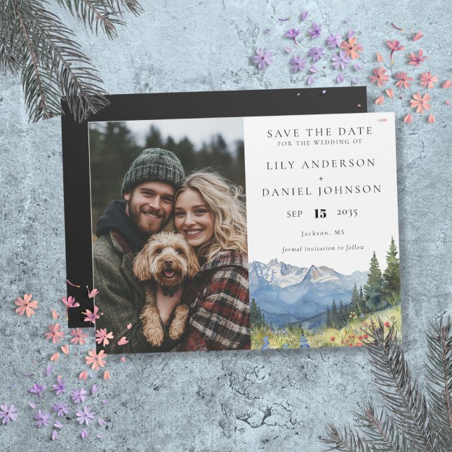 Hochzeitsfeiern mit gebirgigem Foto retten das Dat Magneteinladung (Mountain Floral Photo Wedding Save The Date Magnetic Invitation)