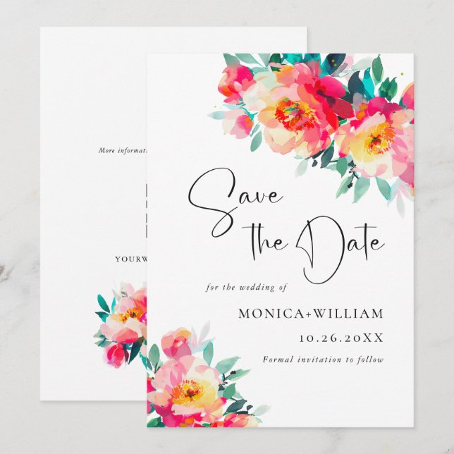 Hochzeitsfeiern mit leuchtend rosa Blume Save The Date (Vorne/Hinten)