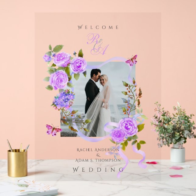 Hochzeitsfeiern mit lila Rose-Multigram-Foto Acrylschild (Hochzeit)