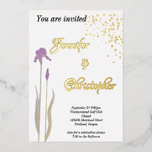 Hochzeitsfeiern mit lila Wasser und Gold Folieneinladung