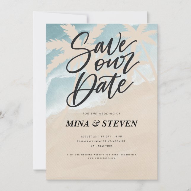 Hochzeitsfeiern mit Palmen Save The Date (Vorderseite)