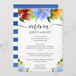 Hochzeitsfeiern mit Rot, Gelb und Blauen Blumen Menükarte