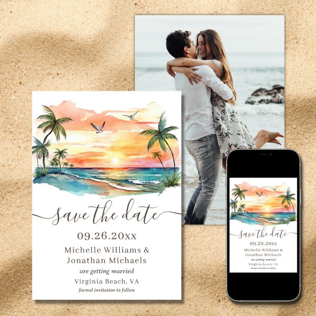 Hochzeitsfeiern mit tropischem Sonnenuntergang im  Save The Date (Printed and Digital - Watercolor Tropical Beach Sunset Photo Wedding Save The Date)