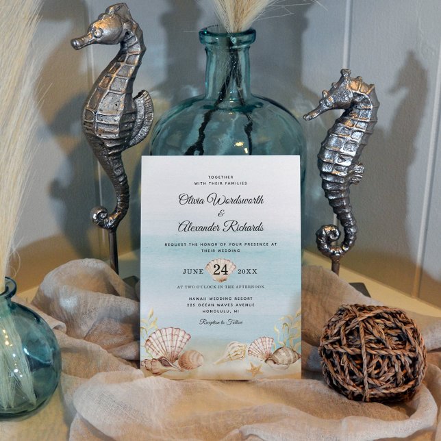 Hochzeitsfeiern mit tropischen Wasserfarben am Str Einladung (Von Creator hochgeladen)