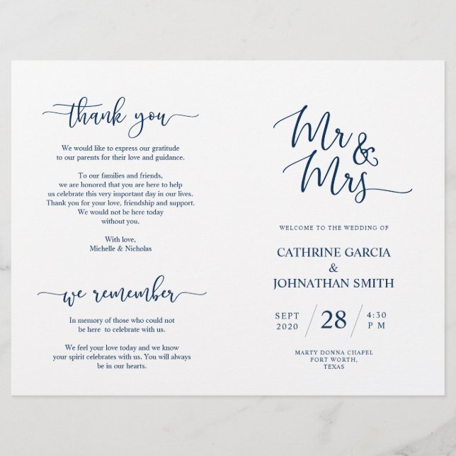 Hochzeitsfeierprogramm, Elegante Script Blue Navy (Vorderseite)