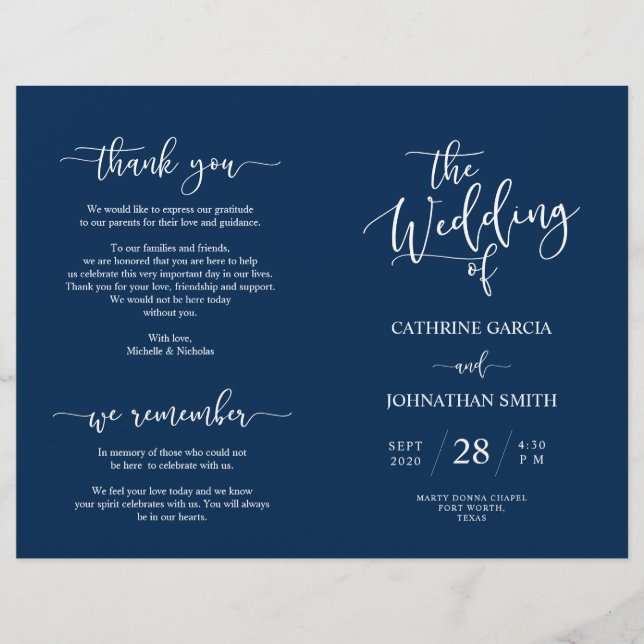 Hochzeitsfeierprogramm, Elegantes Skript Navy Blue (Vorderseite)
