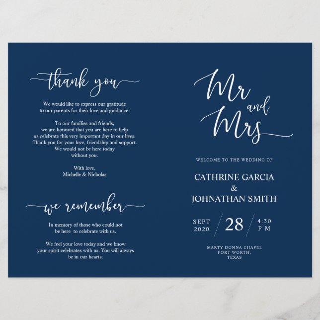 Hochzeitsfeierprogramm, Elegantes Skript Navy Blue (Vorderseite)