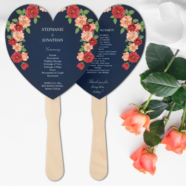 Hochzeitsfeierprogramm für Navy Blue Red Orange Ro Fächer (Navy Blue Red Orange Rose Wedding Ceremony Program Hand Fan)