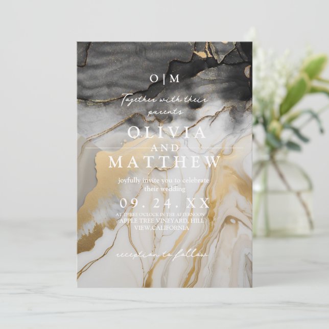 Hochzeitsfest in Schwarz-Gold-Marmor-Foto Einladung (Stehend Vorderseite)