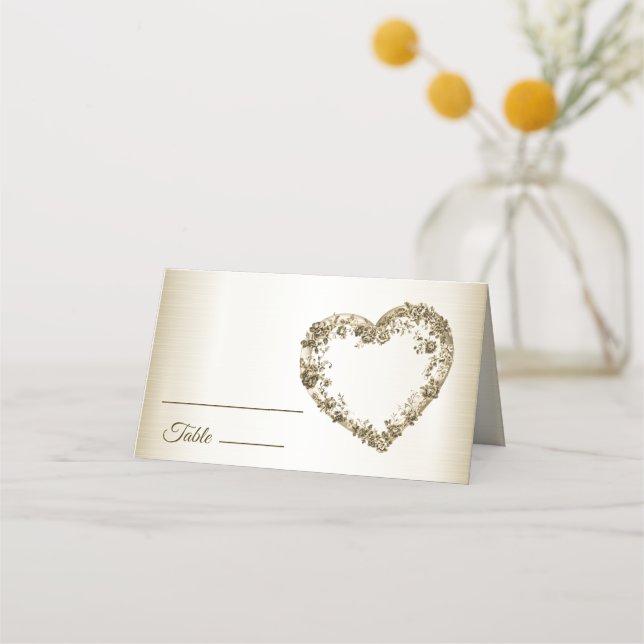 Hochzeitsflora Golden Verziert Heart Frame Party Platzkarte (Vorderseite)