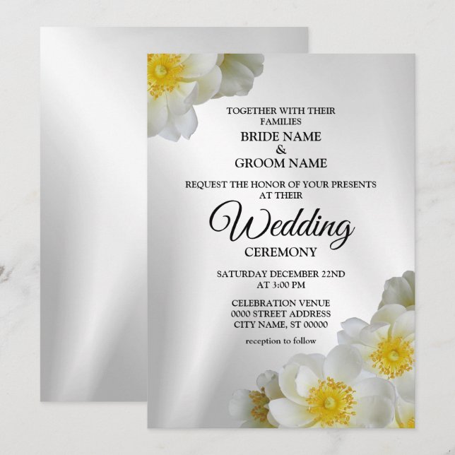 Hochzeitsflora Weißes Gelbes Silber Elegant Rustik Einladung (Vorne/Hinten)