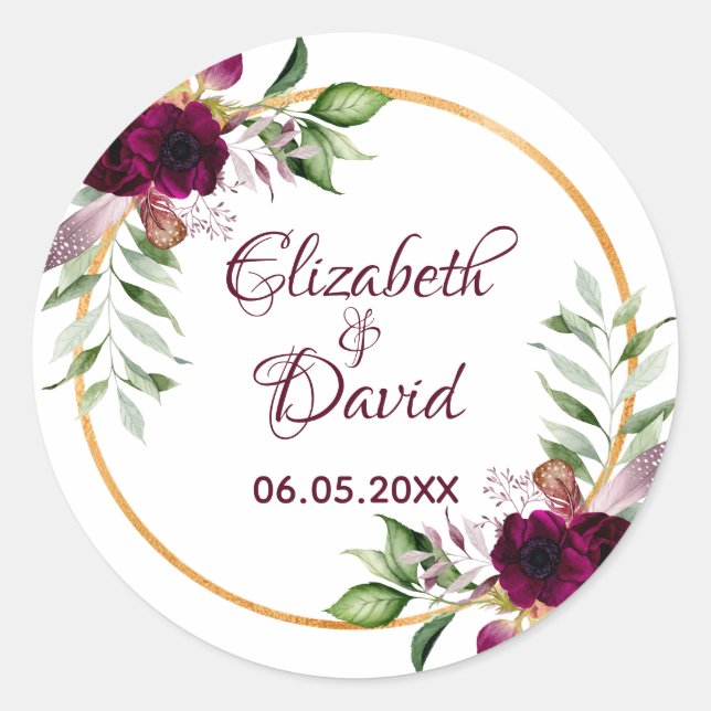 Hochzeitsflorale in Aquarellfarben, bordeauxrot, w Runder Aufkleber (Vorderseite)