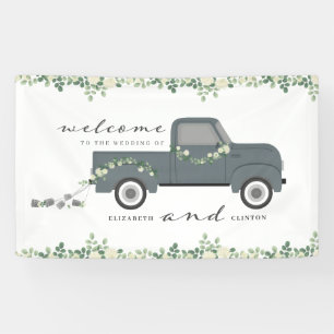 Hochzeitsflorales Willkommen mit altem LKW Banner