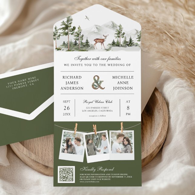 Hochzeitsfoto-Collage mit QR-Code und Waldhirsch i All In One Einladung (Von Creator hochgeladen)