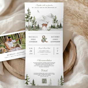 Hochzeitsfoto-Collage mit QR-Code und Waldhirsch i Dreifach Gefaltete Einladung