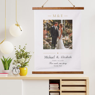 Hochzeitsfoto Elegant Creme Gold Modern Benutzerde Wandteppich Mit Holzrahmen