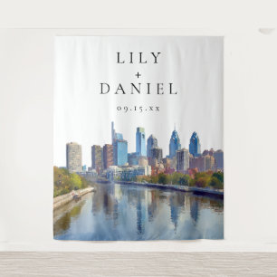 Hochzeitsfoto-Hintergrund mit Philadelphia-Skyline Wandteppich