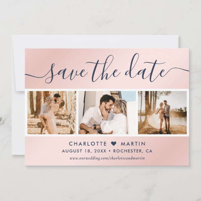 HochzeitsfotoCollage in Navy Blue und Blush Save The Date (Vorderseite)