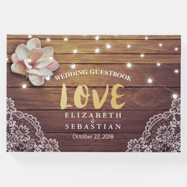 Hochzeitsgast Blumenstrauß Lights Holzosen Gästebuch (Vorderseite)