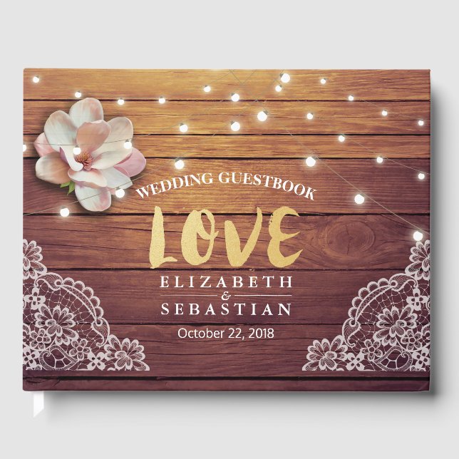 Hochzeitsgast Blumenstrauß Lights Holzosen Gästebuch (Vorderseite)