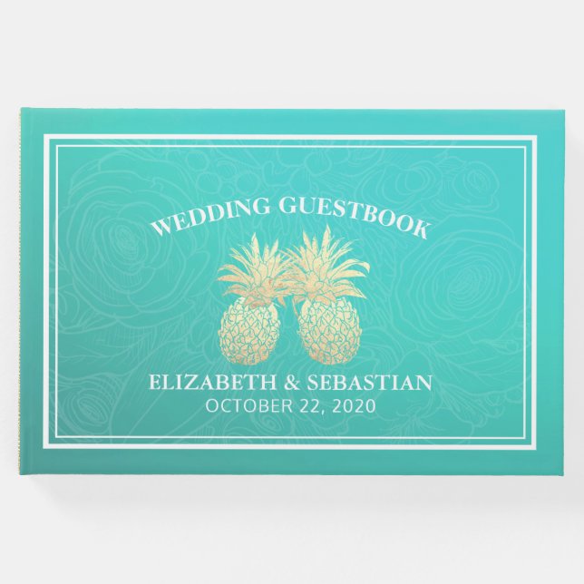 Hochzeitsgast Gold Ananas Couple Aquamarine Rose Gästebuch (Vorderseite)