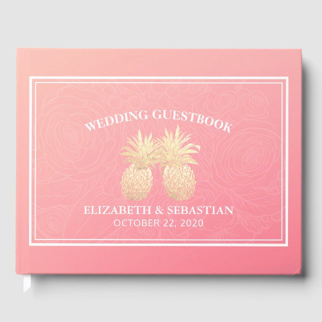 Hochzeitsgast Gold Ananas Couple Pink Roses Gästebuch (Vorderseite)