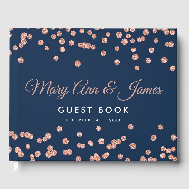Hochzeitsgast Rose Gold Glitzer Confetti Navy Gästebuch (Vorderseite)