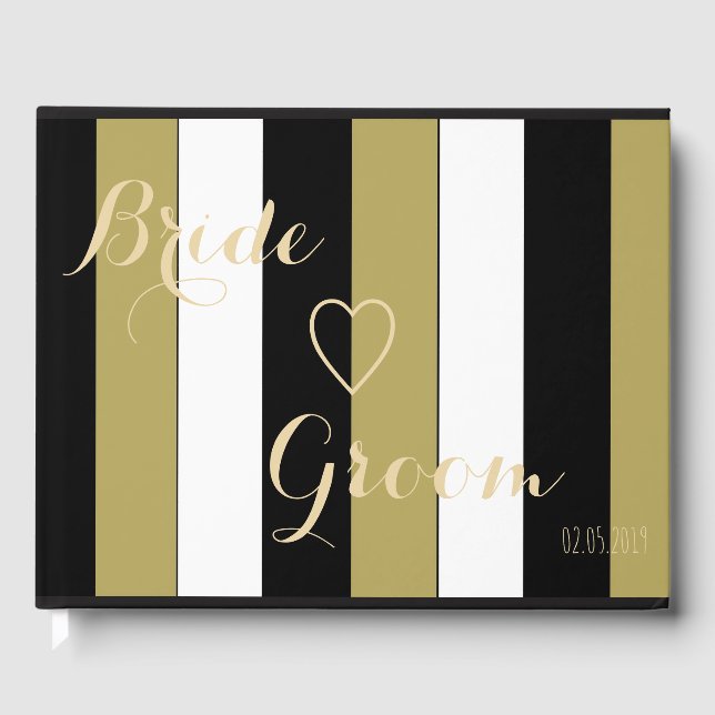 Hochzeitsgast Schwarzes Gold Weiße Streifen Muster Gästebuch (Vorderseite)