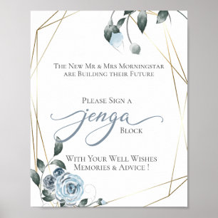 Hochzeitsgästebuch Jenga Staubblau Blumen Schild