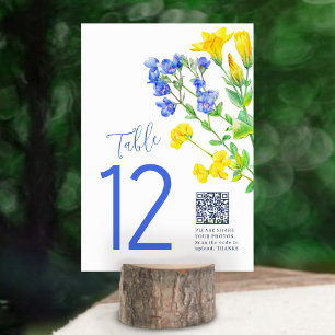 Hochzeitsgelbes blaues Foto mit QR Tischnummer