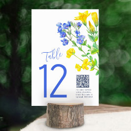 Hochzeitsgelbes blaues Foto mit QR Tischnummer