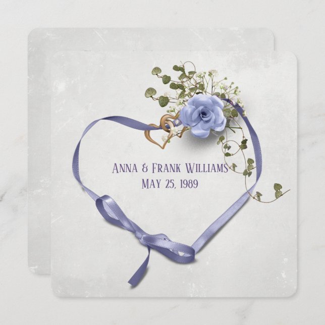 Hochzeitsgelübde lila Bandherz mit Ringen Einladung (Vorne/Hinten)