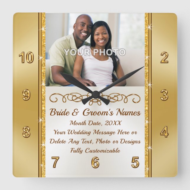 Hochzeitsgeschenk für Foto und Personalisierte Wal Quadratische Wanduhr (Vorderseite)