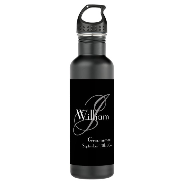 Hochzeitsgeschenk Modernes Monogramm Cool Schwarz Edelstahlflasche (Vorderseite)