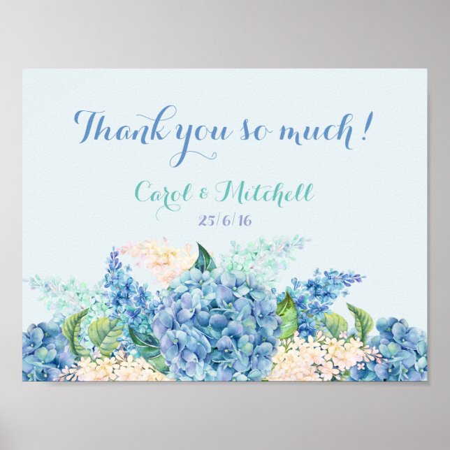 Hochzeitsgeschenk Tafelschild Aquarellblau Hydrang Poster (Vorne)