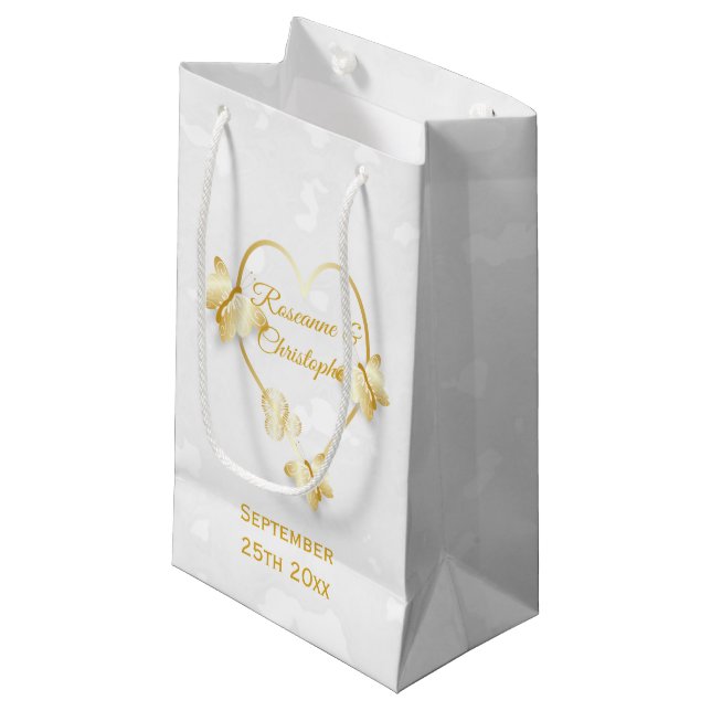 Hochzeitsgeschenk Tasche Gold farbige Herzklopfen  Kleine Geschenktüte (Vorderseite Schrägansicht)