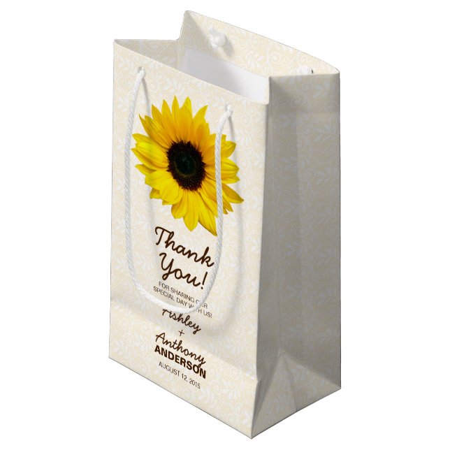 Hochzeitsgeschenk Tasche Sonnenblume Gelbbraun Spi Kleine Geschenktüte (Vorderseite Schrägansicht)