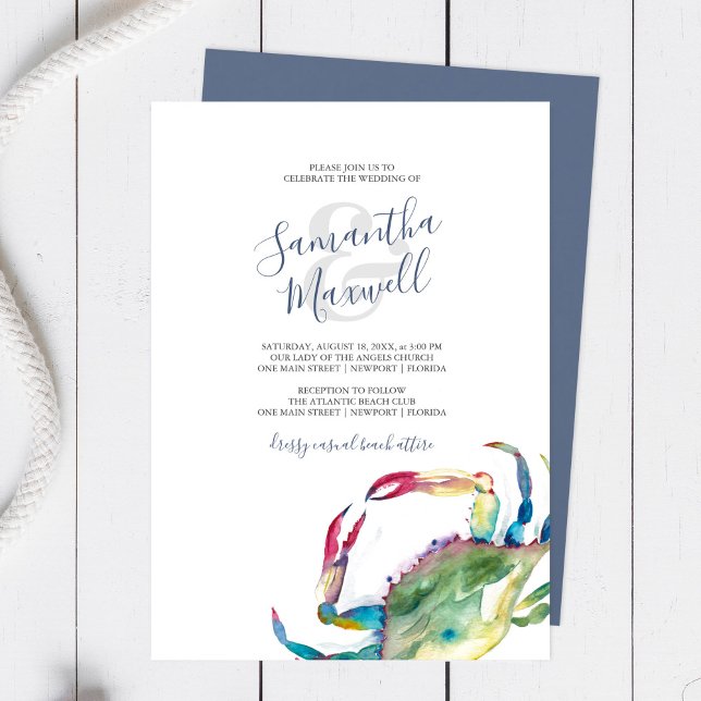 Hochzeitsgeschichten am Strand von Watercolor Crab (Beach wedding invitations watercolor blue crab art by Victoria Grigaliunas of Do Tell A Belle)