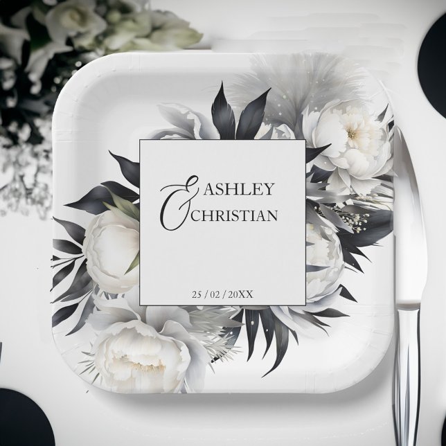 Hochzeitsgeschirr für Schwarzweiß Pappteller (Black and white boho wedding personalized tableware template paper plates elegant white peonies)
